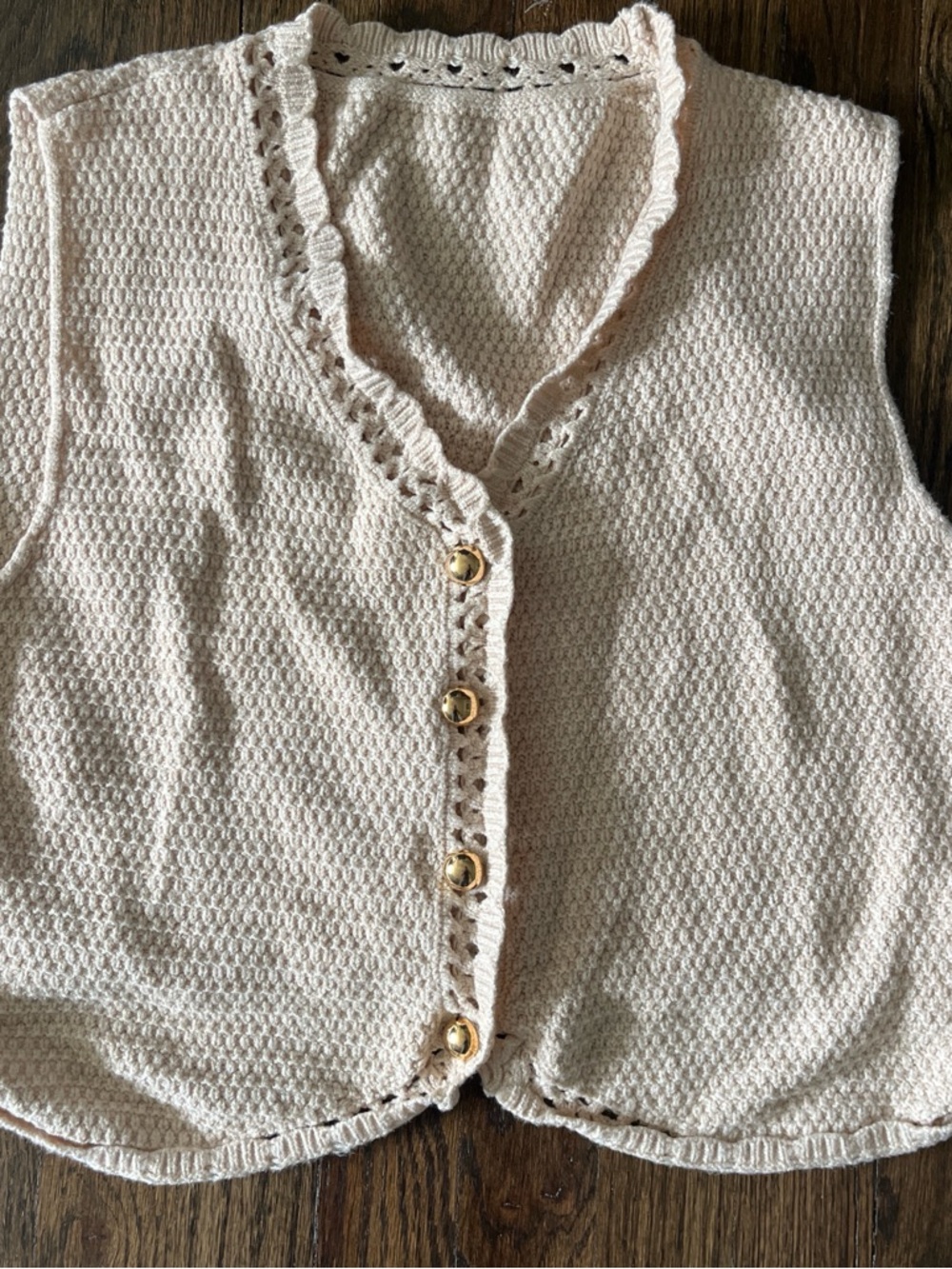 Cream Knit Button-Up Vest with Gold Buttons and Heart Neckline
